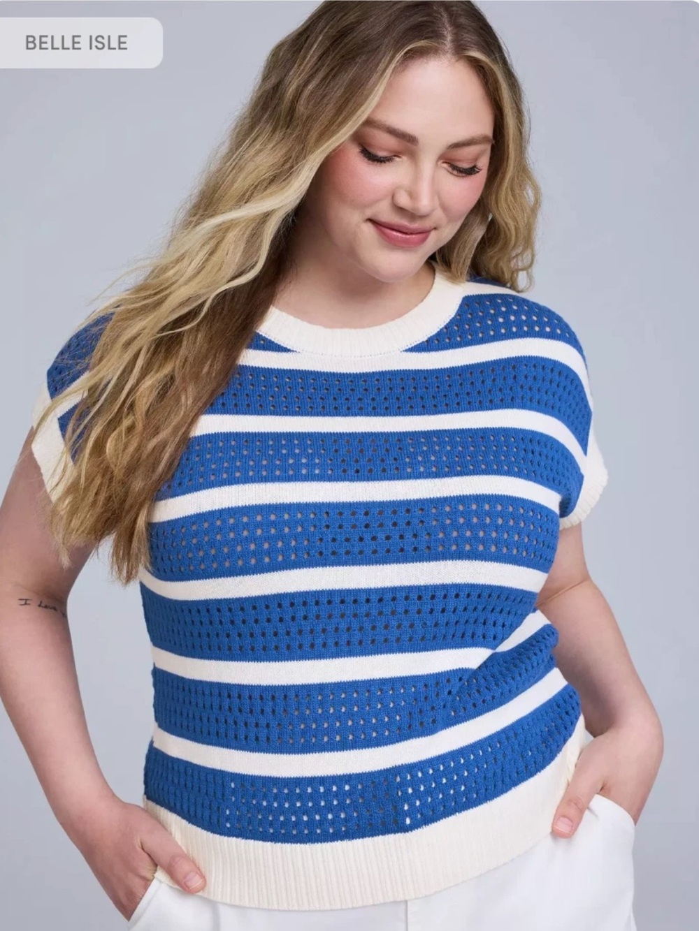 Torrid Belle Isle Blue White Striped Cap Sleeve Pointelle Cotton Knit Top Sz 2X